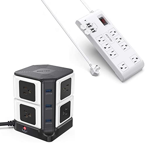 Bestek 8-Outlet 3 USB-лента за напојување со безжичен полнач и 8-аутлет 12 стапки за продолжување на кабелот за напојување со USB 15A 1875W