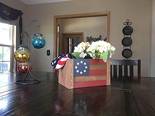 Offex Големо американско знаме Домашно украси Дрвен гајба за складирање со рачки на јута - совршен за држење цвеќиња, жардинери,