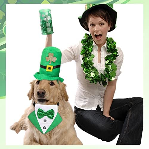2 парчиња Св. Патрик, куче костум на кучиња, врвна капа и кучиња бандана јака со лак, зелена ирска кучиња смокинг ден Патрикс ден за кучиња кученце мачка миленичиња з?