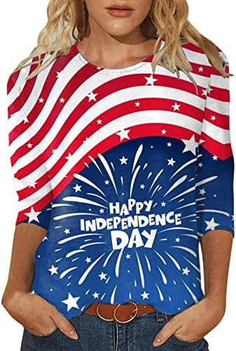 Womenените 3/4 ракав блуза Денот на независноста печатено графички тркалезни врат-врвни блузи кошули Стилска основна маица