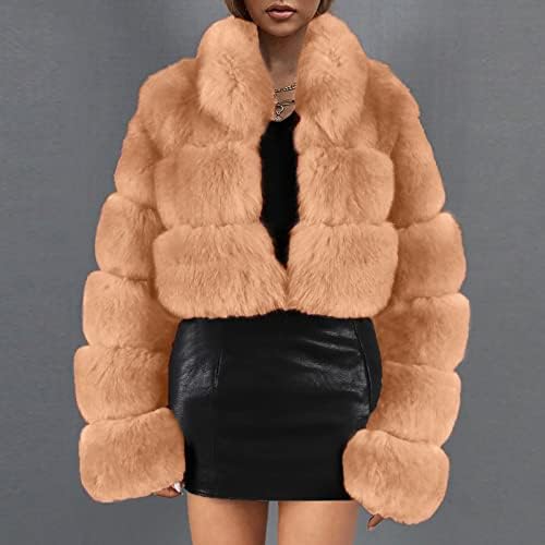 lcepcy Фазински јакни за жени топло зимско бушаво кратко палто меки цврсти бои со крзнени палта модни долги ракави за надворешна