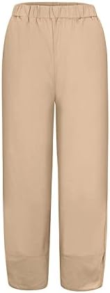 Womenените со високи половини памучни постелнини панталони цврста боја еластични чекани на дното на лесни директни нозе каприс за жени