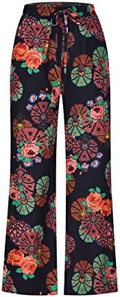 Womenените лабави долги панталони гроздобер цветни печатени салон панталони Бохо случајни лабави широки панталони за нозе, кои влечеат