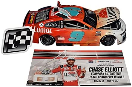Автограмиран 2021 Chase Elliott 9 Llumar Racing Cota Race Win Raced верзија потпишан Лионел 1/24 Scale NASCAR Diecast Car со COA