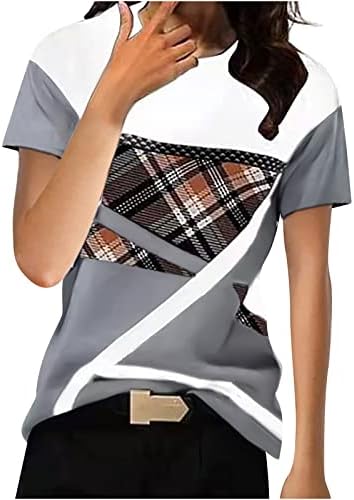 Плус големина врвови за жени летни кошули со краток ракав моден кариран геометриски бок -блок случајна сим фит маичка блуза
