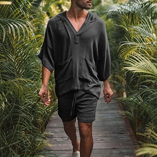 Машки 2 парчиња обични облеки за мажи пролетен летен летен сет Хаваи плажа памучна постелнина половина ракав комплети со качулка