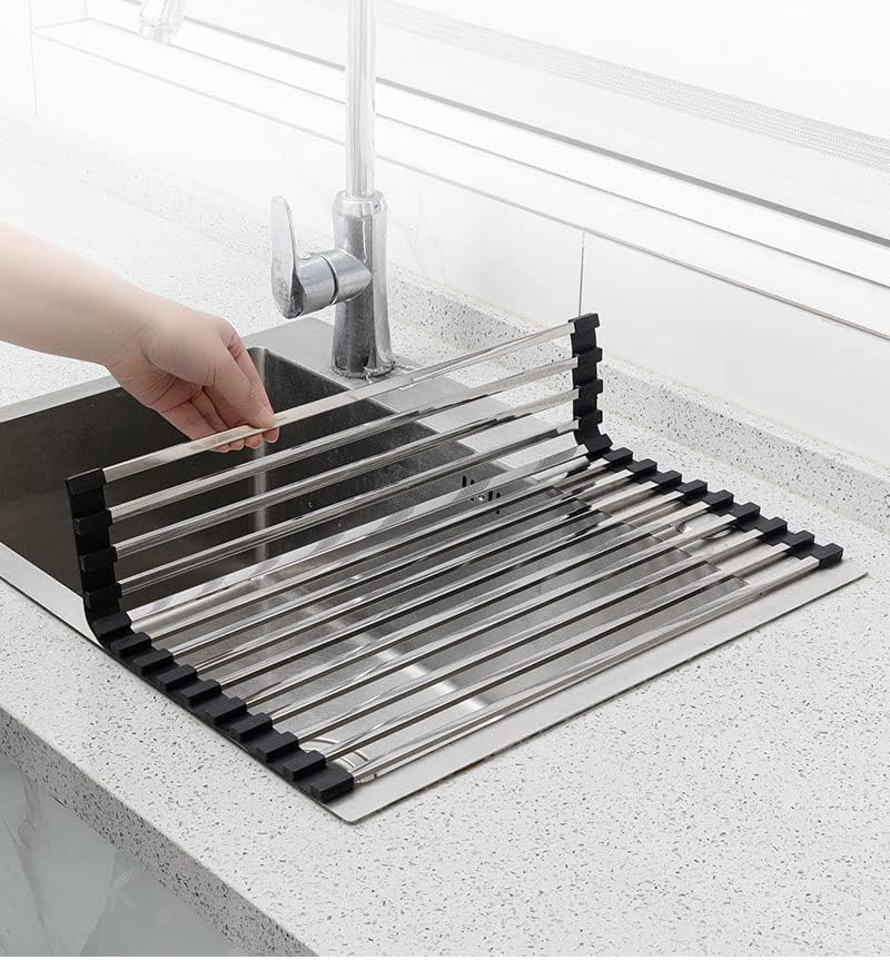 Превртете ја решетката за сушење на садот, метач за миење садови, решетката за сушење на мијалник од не'рѓосувачки челик, кујнски тркалачки