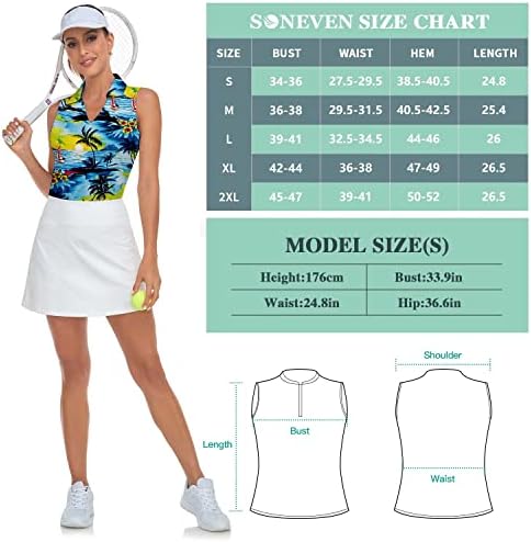 Sonevenенски женски без ракави печатени поло-голф кошули Брзо сув V-врат лесен тениски резервоар за врвови, 50+ УВ заштита