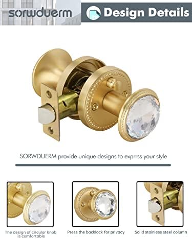Крпчиња за кристални врати со кристал со заклучување злато приватност сатен месинг стаклен копче за врата за спална соба и бања, легура на цинк