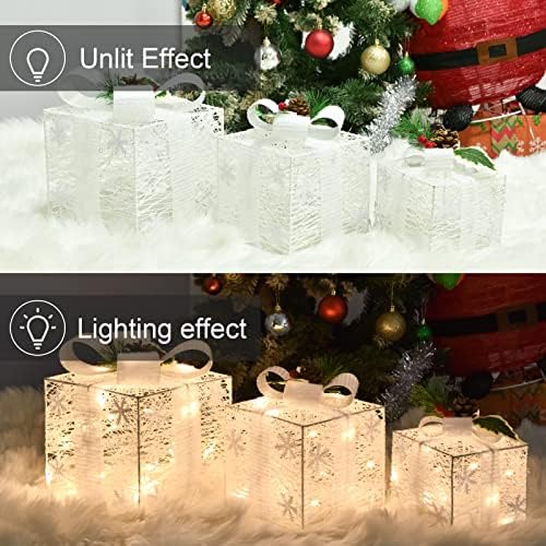CovFever Божиќни осветлени кутии за подароци со украс на снегулка, 3 пакувања пред-осветлени сегашни кутии Поставете батерија