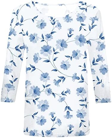 Theенски лисја од три четвртини ракави печати маици пролетни летни врвови околу вратот удобно лабава секојдневни дневни кошули