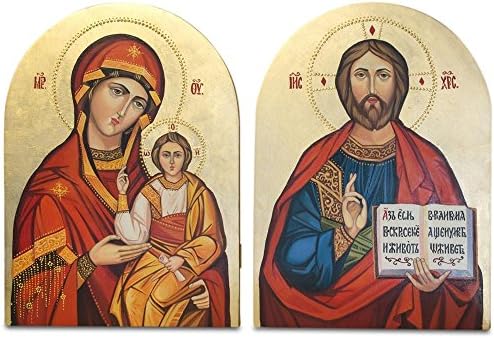 Најдоброто сет на две раце насликани на дрвена плакета Исус и девица Марија икони 12 инчи