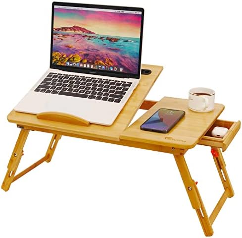 Биро за скут, лаптоп биро за кревет за кревет, бамбус прилагодлив висина на висината на висината, преклопниот штанд со таблет телефон,