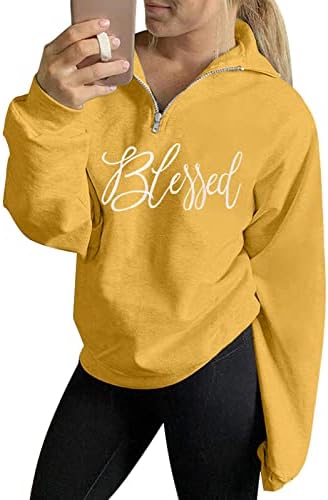 Блажена џемпер за жени четвртина поштенски патент со долг ракав, лесен пуловер на лесен вез, врвови на кошула со букви, врвови