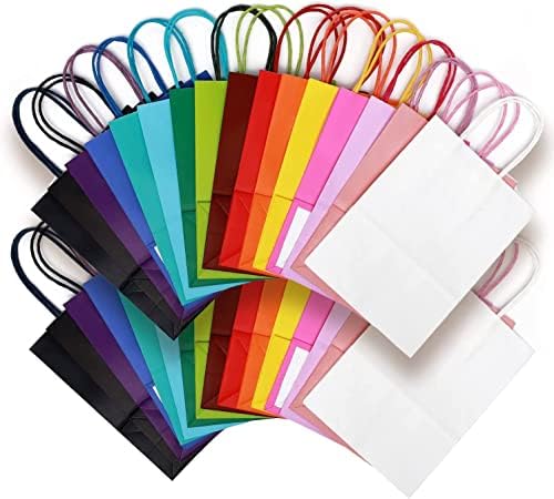 100-пакувања торби за подароци со хартија со рачки на рефус 8,26 × 6 × 3,15 мала големина 16 различни вреќи со боја со различна