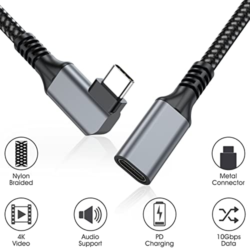 УСБ Ц продолжение кабел 6ft 2-пакет, кабел од типот Ц УСБ 3.1 Машки до женски десен агол Брзо полнење кабел компатибилен за MacBook