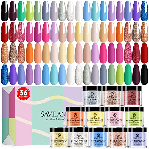 Saviland 46pcs Dip Powder Nail комплет - 36 бои натопени во прав и течен сет од 15ml, датотека за нокти Потребни алатки за натопи за нокти