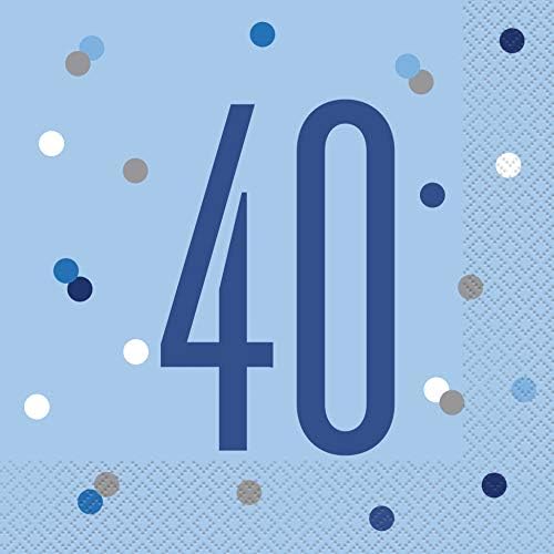 Уникатна забава 83558 Сини полкови точки 40 -ти роденденски ручек за салфетки за еднократна употреба | 16 компјутери, на возраст од 40 години