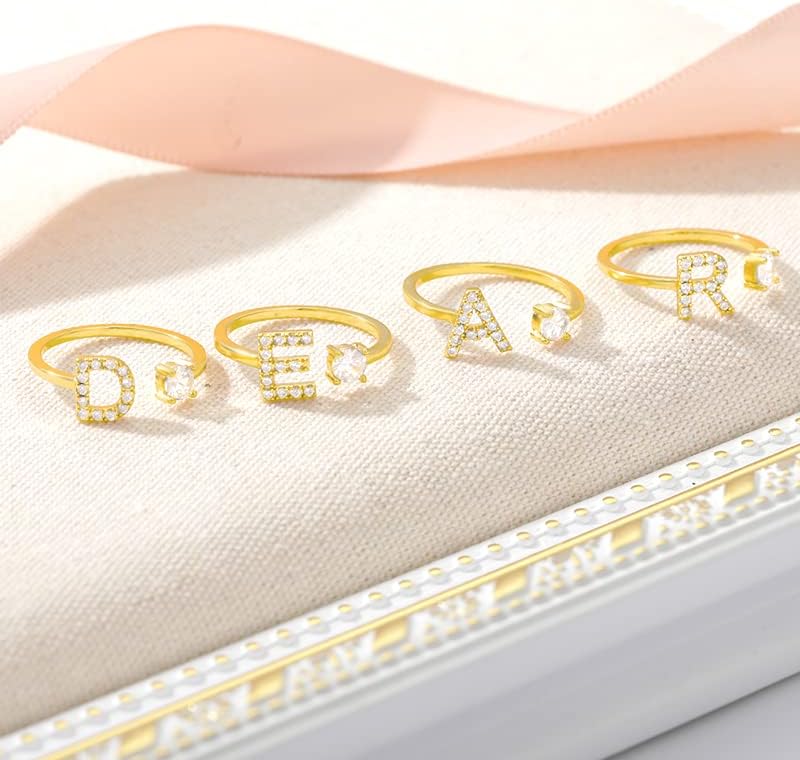 T3STORE Nitial A -Z 26 буква прстен за жени со двојка ангажман Свадба накит ШАРМ РИНГ Прилагодлив циркон прстен - Златна боја