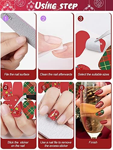 Калолар 12 чаршафи за налепници за полски ленти за нокти, налепници за само-лепете Божиќ со целосна нокти со датотека, снегулка од ѓумбир од