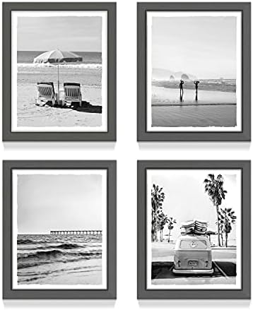 Плажа врамена слика wallидна уметност 4 панели крајбрежно печатење црно -бело морско море уметнички дела плажа стол палма, ван сурфање