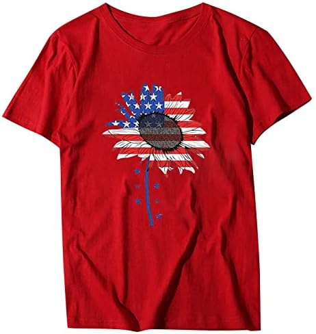 Американски знаме сончогледни маички за жени Starвездени ленти маички екипаж на кратки ракави маица на 4 јули патриотски врвови