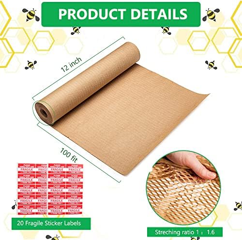 Хартија за пакување со саќе, 12'''x 100 'амортизирана хартија за завиткување за хартија за пакување за превоз, хартија за рециклирање на биоразградлива