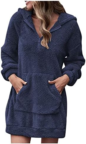 Женски џемпер фустан со качулка лабава патент џемпер џемпер палто, обичен џемпер јакна фустан за зима