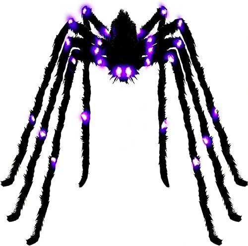 Денен 4ft Ноќта на вештерките Декорации гигантски пајак светло со 28 виолетови LED диоди Реални застрашувачки лажни пајаци за декорација