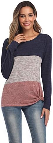 Angенскивел женски долг ракав со еден врат со еден врат Обичен маица обична мека јазолна страна пресврти плетена блуза Топ