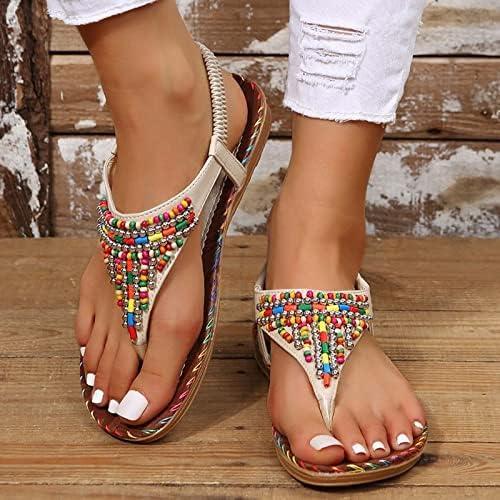 Сандал на плажа за жени рамни, флип-алики со етнички стил слајдови клип пети анти-лизгачки римски сандали казиуални бохо сандали