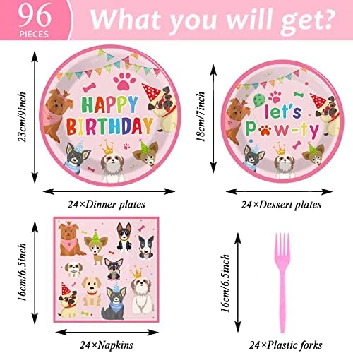96 парчиња кучиња тематски роденденски украси за забави кученца забава за девојчиња, оставајте пилиња за десертни плочи за салфетки