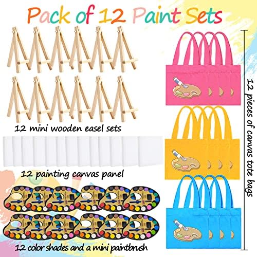 ZUCPBF 12 комплети за бои во боја на бои за деца - 36 парчиња забава ги фаворизира мини сетови за бои со торбички со платно, 4x4 '' мини платно