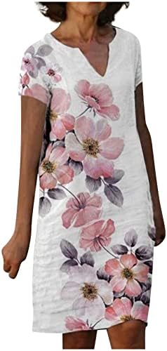 Гроздобер летен памучен постелнина, женски трендовски цветни печати плажа, облечен во вратот, кратки ракави, мини туничен фустан