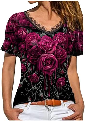 V маички за вратот за жени, женски модни цветни печатени графички маички со кратки ракави блузи лабава обична маица за екипаж
