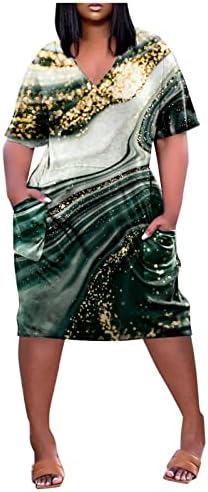 Мексикански фустан на нумелер за жени џеб на коленото лабава вклопување со кратки ракави со кратки ракави, случајно плус големина фустан