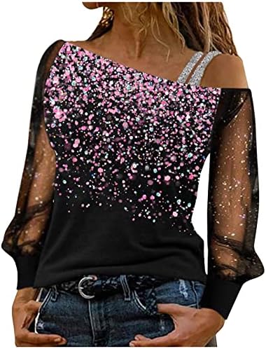 Womenените надвор од рамото мода, печатено пулвер со долги ракави, лабава вклопени обични врвови чиста ракави блузи кошули