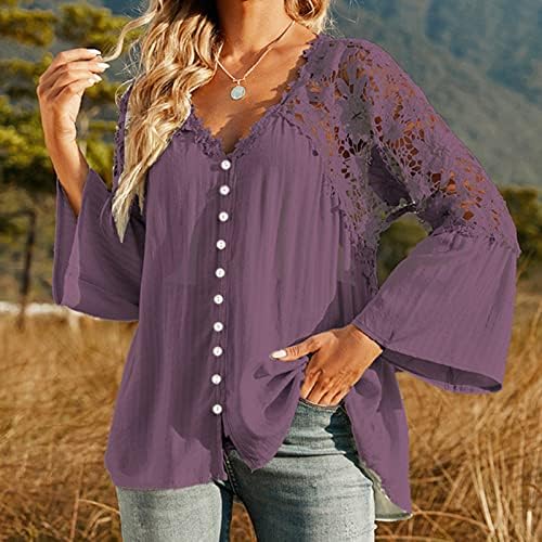 Женска модна чипка долга ракав блуза врвна обична лабава пулвер v вратот копче Туника кошула