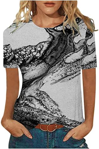 Графички маички женски летни трендовски блузи мермерни печати врвни кошули со тркалезни каузални маички за кауза лабава вклопена тренинг