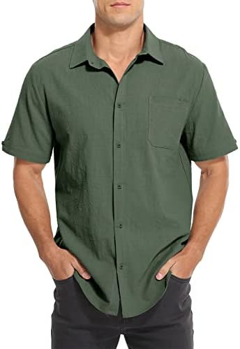 Tureface mens зелени кошули Обични памучни постелнина кошули со кратки ракави, копче за мажи надолу летна кошула