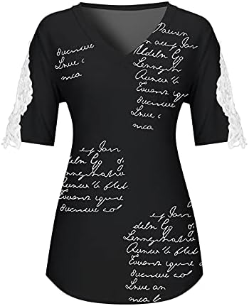 FMCHICO Women's Veck Veck Lace Tee врвови со кратки ракави маица обични летни блузи