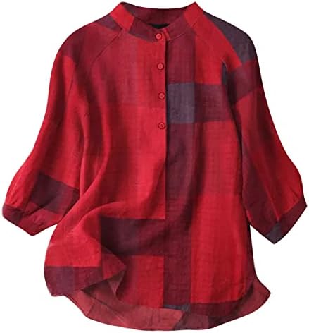 Женски модни памучни постелнини врвови плус големина карирана печатена маица, потсмевање на вратот копче 3/4 ракави блузи летни кошули