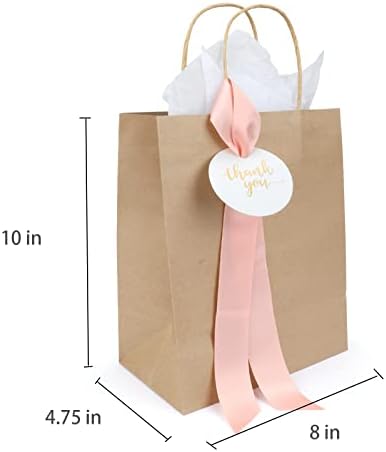 Lesumoo 12 пакет благодарам торби за подароци со розови панделки и благодарни картички, 8x4.75x10 мали кафеави торби за подароци за свадбени