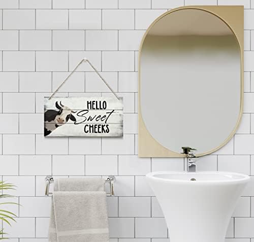 Смешно знак за декор за бања од крава, знаци на дрвени бања, печатен знак за уметност од дрво, знак за рустикална бања, виси