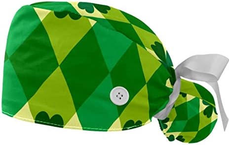 Прилагодлива чистачка буфант капа 2 пакувања зелени четири лисја детелина Работна капа за коса со коњска капа со конска опашка