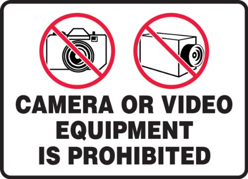 Accuform MASE505VP Пластичен знак за безбедност, „Камера или видео опрема е забранета“ со графичка, должина од 10 „должина x 14“ ширина