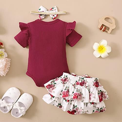 Rogprincekids новороденче облека за девојчиња со кратки ракави, ромпер -боди, цветни шорцеви за глава, поставена летна облека
