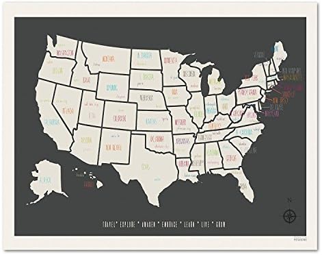 Патнички мапа на САД, wallидна уметност, персонализирана мапа за патувања, печатење од 18х24 инчи, мапа на деца во САД, Декор