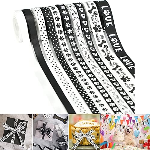 Huihuang Paw Print Ribbon Dog Boge Satin Ribbon Асортиман на црна и бела лента, 3/8 инчи 5/8 инчи 10 ролни 50 јарди, разновидна лента за
