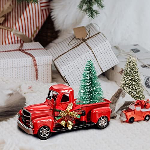 Гроздобер црвен камион Божиќен декор со новогодишна елка, декор за пикап за пикап во фарма, одличен подарок за украси за одмор